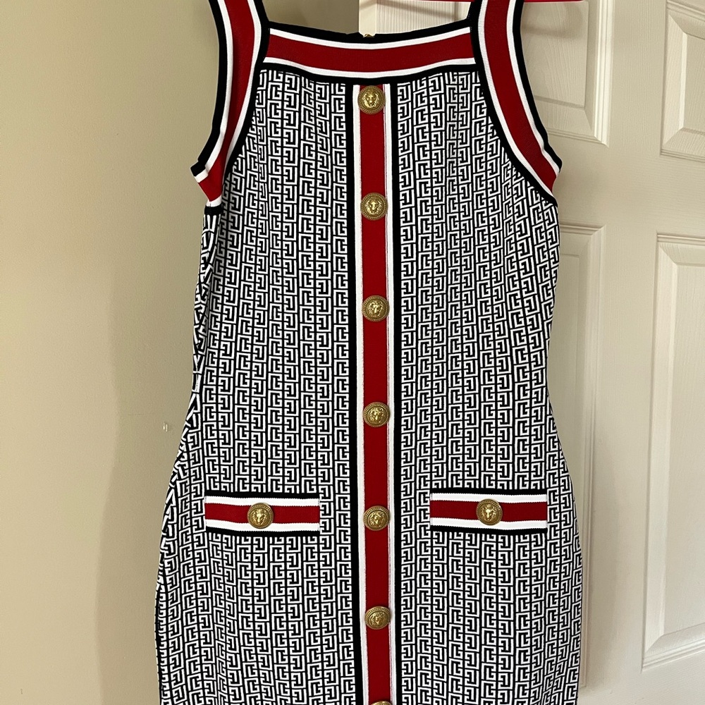 Balmain Black and White Dress with Red Accents